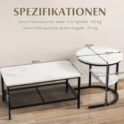 Kombinierbare Couchtische 2-teiliges Kaffeetisch-Set mit Kunstmarmorplatte Weiß und Schwarz