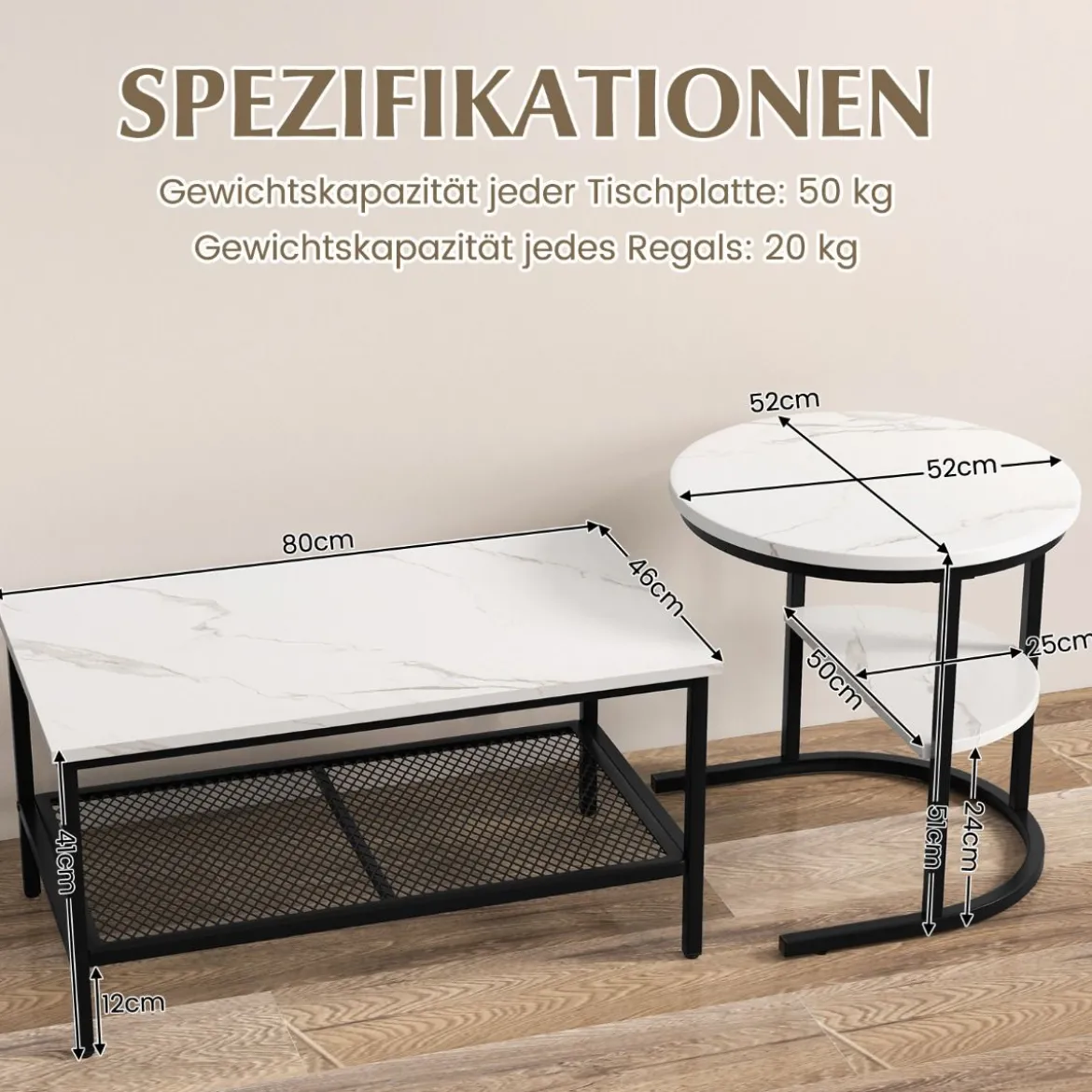 Kombinierbare Couchtische 2-teiliges Kaffeetisch-Set mit Kunstmarmorplatte Weiß und Schwarz