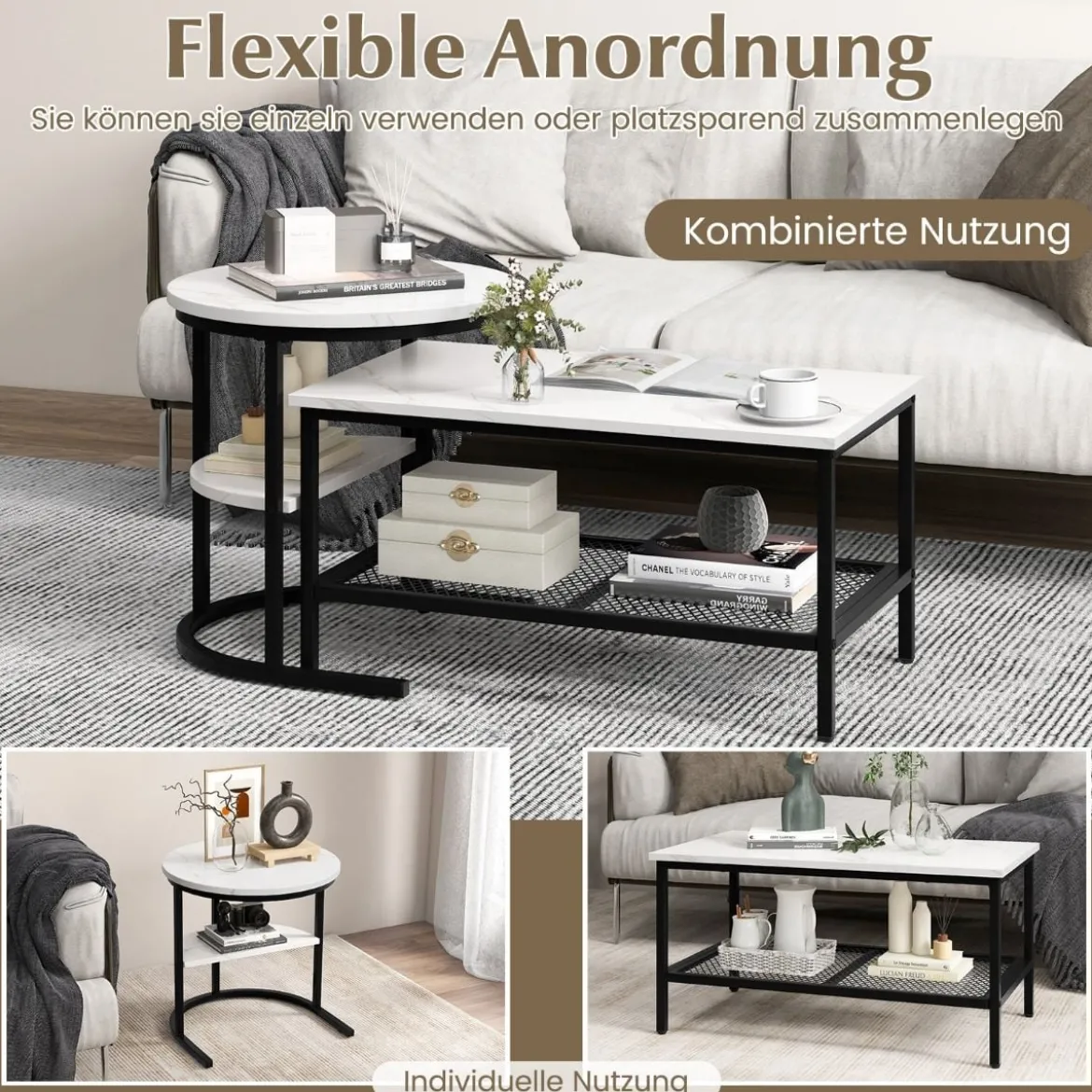 Kombinierbare Couchtische 2-teiliges Kaffeetisch-Set mit Kunstmarmorplatte Weiß und Schwarz