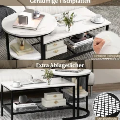 Kombinierbare Couchtische 2-teiliges Kaffeetisch-Set mit Kunstmarmorplatte Weiß und Schwarz