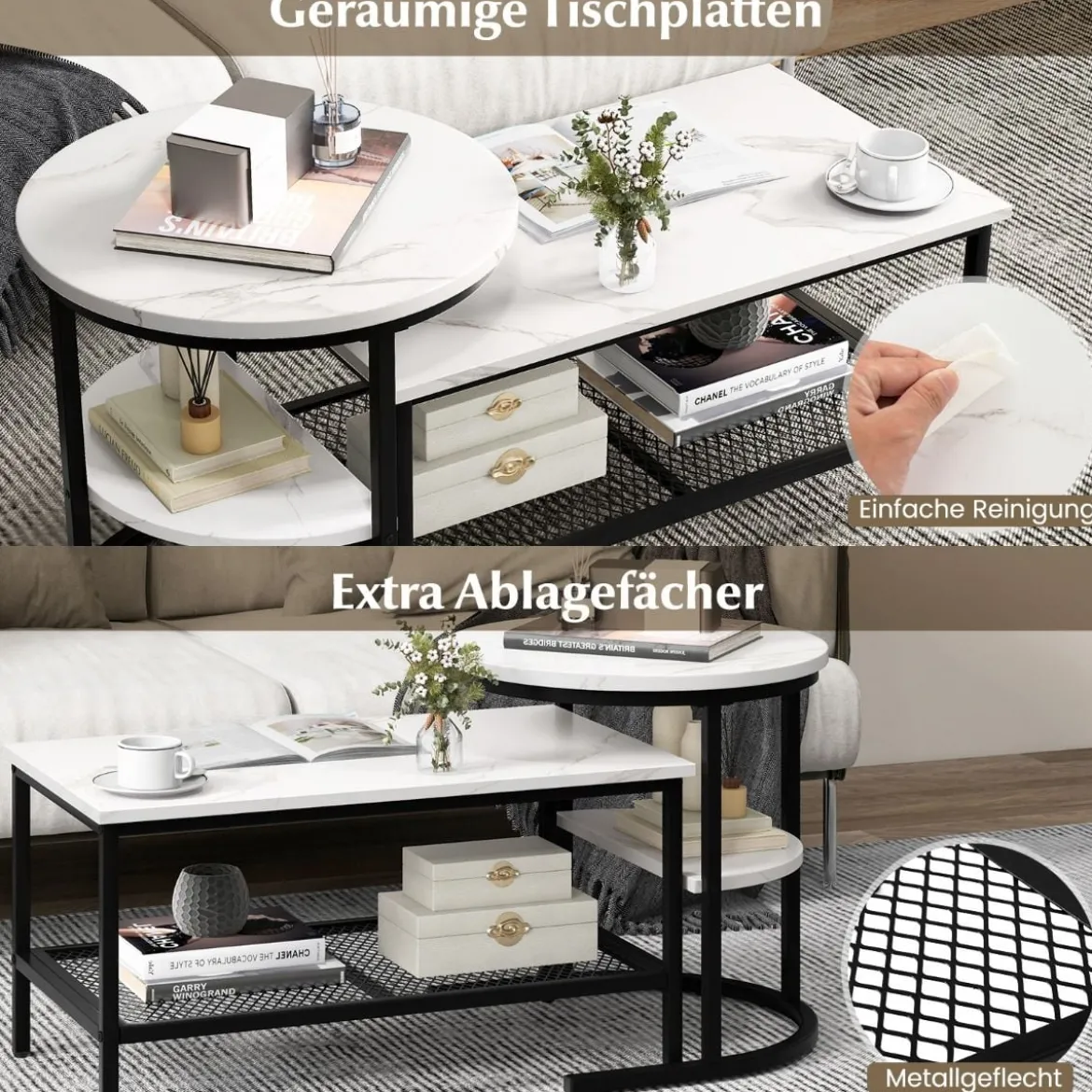 Kombinierbare Couchtische 2-teiliges Kaffeetisch-Set mit Kunstmarmorplatte Weiß und Schwarz
