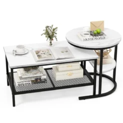 Kombinierbare Couchtische 2-teiliges Kaffeetisch-Set mit Kunstmarmorplatte Weiß und Schwarz