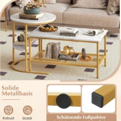 Kombinierbare Couchtische 2-teiliges Kaffeetisch-Set mit Kunstmarmorplatte Weiß