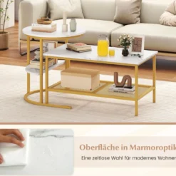 Kombinierbare Couchtische 2-teiliges Kaffeetisch-Set mit Kunstmarmorplatte Weiß