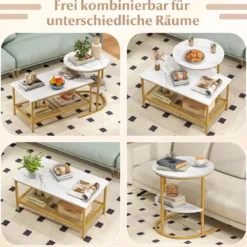 Kombinierbare Couchtische 2-teiliges Kaffeetisch-Set mit Kunstmarmorplatte Weiß