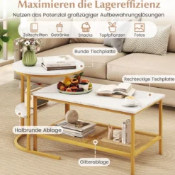 Kombinierbare Couchtische 2-teiliges Kaffeetisch-Set mit Kunstmarmorplatte Weiß