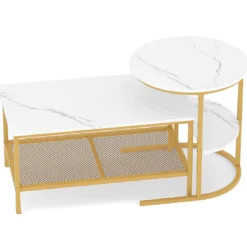 Kombinierbare Couchtische 2-teiliges Kaffeetisch-Set mit Kunstmarmorplatte Weiß