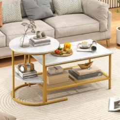 Kombinierbare Couchtische 2-teiliges Kaffeetisch-Set mit Kunstmarmorplatte Weiß