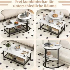 Kombinierbare Couchtische 2-teiliges Kaffeetisch-Set mit Kunstmarmorplatte Schwarz
