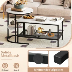 Kombinierbare Couchtische 2-teiliges Kaffeetisch-Set mit Kunstmarmorplatte Schwarz