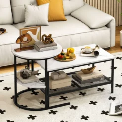 Kombinierbare Couchtische 2-teiliges Kaffeetisch-Set mit Kunstmarmorplatte Schwarz