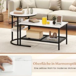 Kombinierbare Couchtische 2-teiliges Kaffeetisch-Set mit Kunstmarmorplatte Schwarz