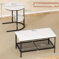Kombinierbare Couchtische 2-teiliges Kaffeetisch-Set mit Kunstmarmorplatte Schwarz