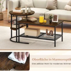 Kombinierbare Couchtische 2-teiliges Kaffeetisch-Set mit Kunstmarmorplatte Braun
