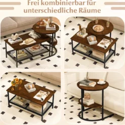 Kombinierbare Couchtische 2-teiliges Kaffeetisch-Set mit Kunstmarmorplatte Braun