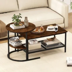 Kombinierbare Couchtische 2-teiliges Kaffeetisch-Set mit Kunstmarmorplatte Braun