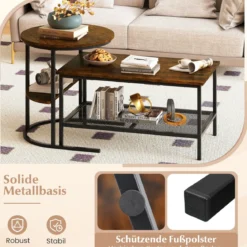 Kombinierbare Couchtische 2-teiliges Kaffeetisch-Set mit Kunstmarmorplatte Braun