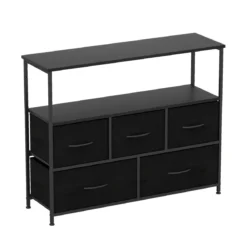 Kommode breiter Schrank mit 2 offenen Holzregalen 5 Schubladen & robustem Metallrahmen Schwarz
