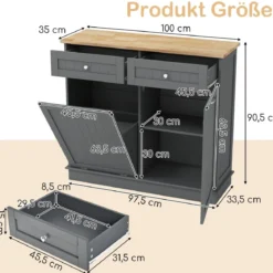 Kommode für 42L Mülleimer mit Arbeitplatte & 2 Schubladen & Verstellbarem Regal Küchenschrank