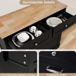 Kommode für Mülleimer mit 2 Türen & Schneidebrett & Holz-Arbeitplatte & 2 Schubladen Schwarz