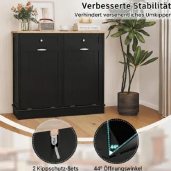 Kommode für Mülleimer mit 2 Türen & Schneidebrett & Holz-Arbeitplatte & 2 Schubladen Schwarz