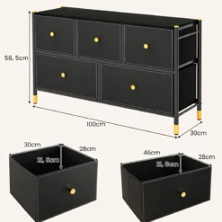 Kommode für Schlafzimmer mit 5 Schubladen breite Stoffkommode mit Metallrahmen 100 x 30 x 58,5 cm Schwarz