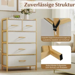 Kommode mit 5 faltbaren Stoffschubladen Bambus Aufbewahrungsschrank mit oberem Regal Natur