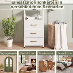 Kommode mit 3 Faltbaren Stoffschubladen & Metallrahmen 40,5 x 29 x 77 cm Weiß + Gold