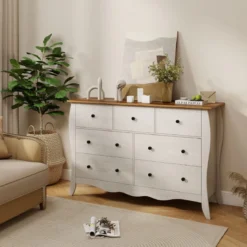 Kommode mit 7 Klappbaren Stoffschubladen Sideboard im Landhausstil Kleiderschrank Grau