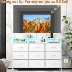 Kommode mit LED-Beleuchtung & Ladestation & 9 Stoffschubladen Sideboard Komodenschrank Weiß