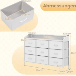 Kommode mit LED-Beleuchtung & Ladestation & 9 Stoffschubladen Sideboard Komodenschrank Weiß