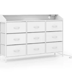 Kommode mit LED-Beleuchtung & Ladestation & 9 Stoffschubladen Sideboard Komodenschrank Weiß