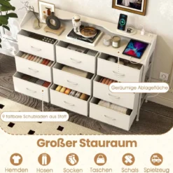 Kommode mit LED-Beleuchtung & Ladestation & 9 Stoffschubladen Sideboard Komodenschrank Weiß