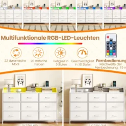 Kommode mit LED-Beleuchtung & Ladestation & 9 Stoffschubladen Sideboard Komodenschrank Weiß
