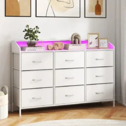 Kommode mit LED-Beleuchtung & Ladestation & 9 Stoffschubladen Sideboard Komodenschrank Weiß