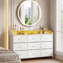Kommode mit LED-Beleuchtung & Ladestation & 9 Stoffschubladen Sideboard Komodenschrank Weiß
