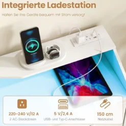 Kommode mit LED-Beleuchtung & Ladestation & 9 Stoffschubladen Sideboard Komodenschrank Weiß