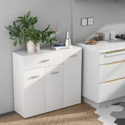 Kommode mit Schublade Holzschrank mit Verstellbaren Einlegeböden 90 x 29 x 82 cm Weiß
