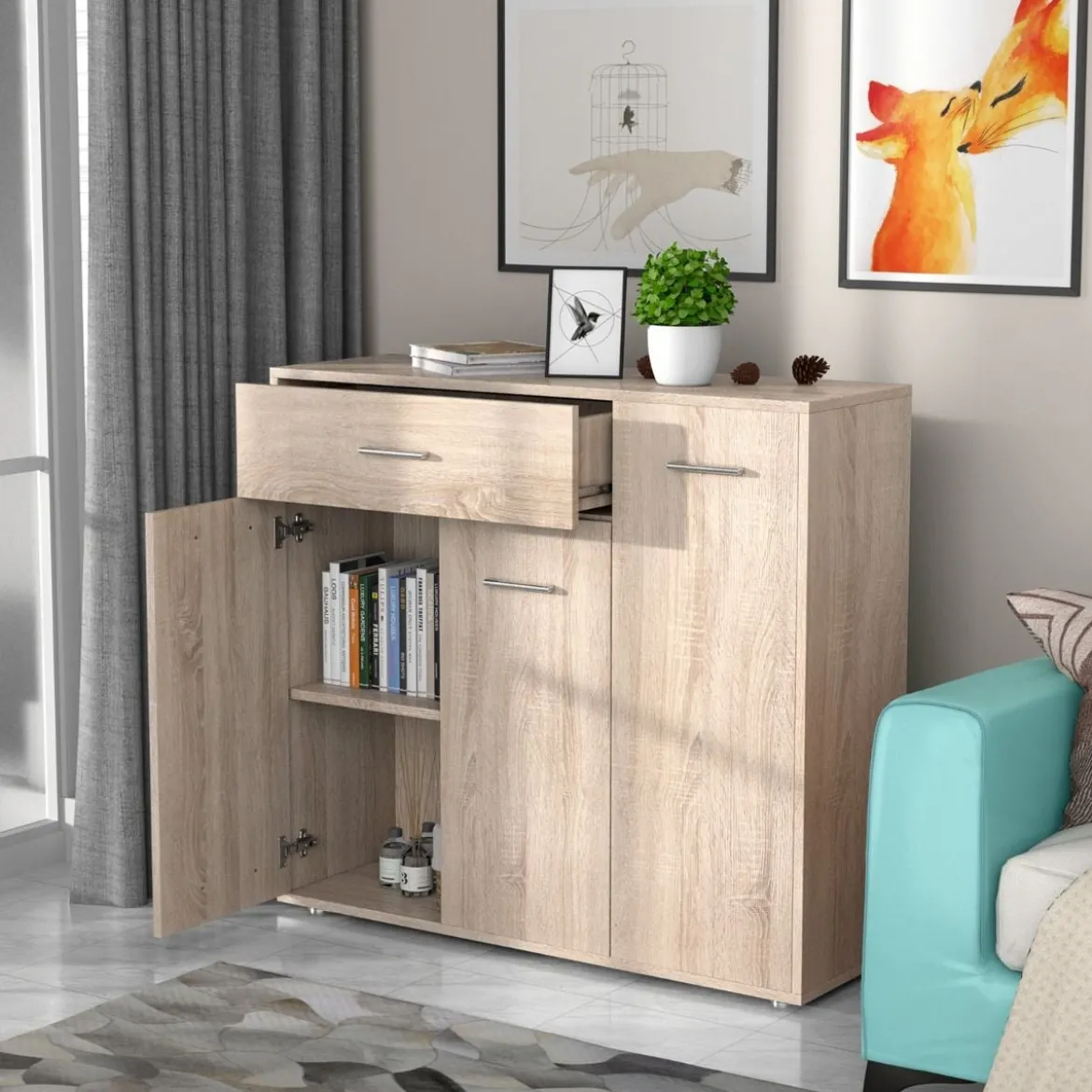 Kommode mit Schublade Holzschrank mit Verstellbaren Einlegeböden 90 x 29 x 82 cm Natur