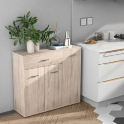 Kommode mit Schublade Holzschrank mit Verstellbaren Einlegeböden 90 x 29 x 82 cm Natur