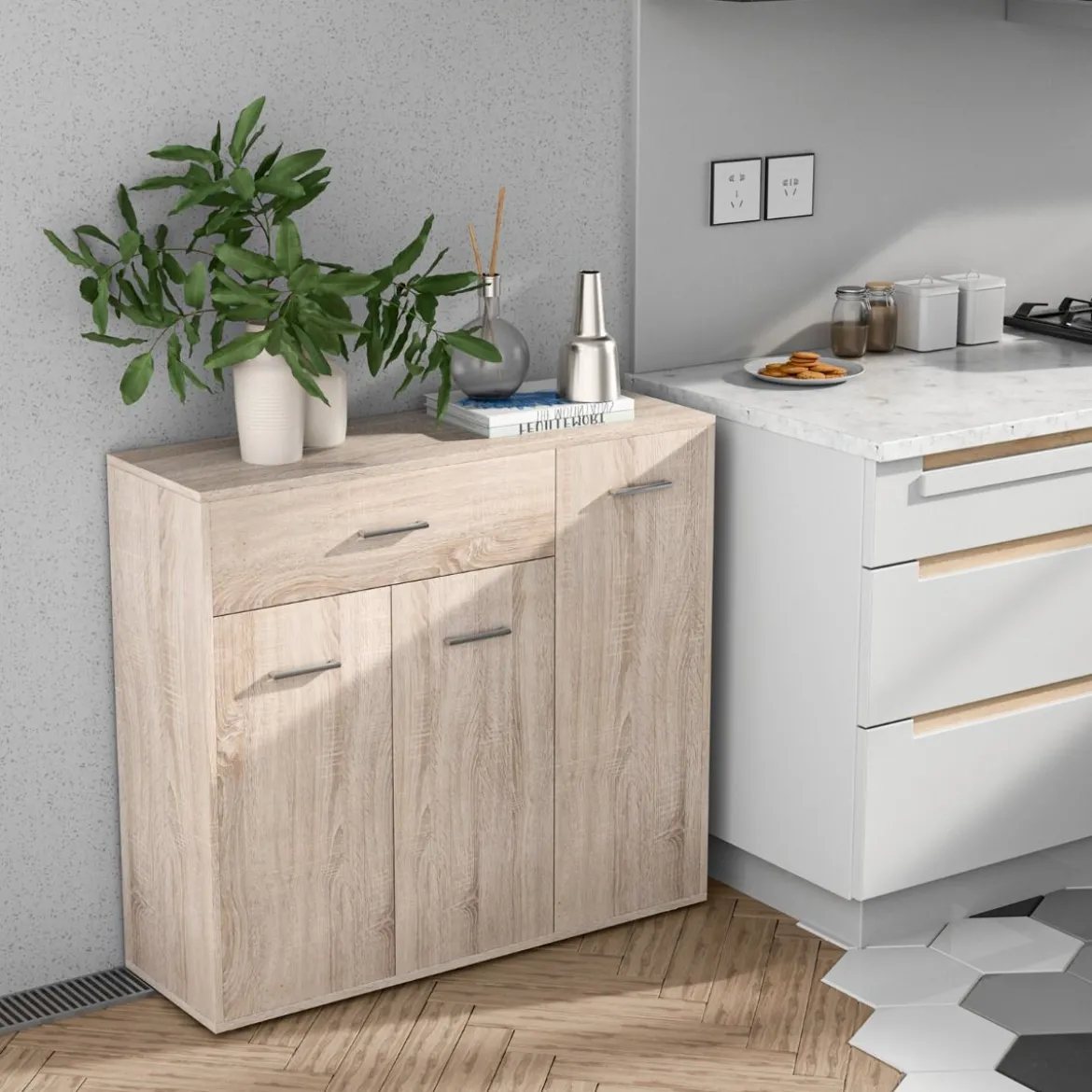 Kommode mit Schublade Holzschrank mit Verstellbaren Einlegeböden 90 x 29 x 82 cm Natur