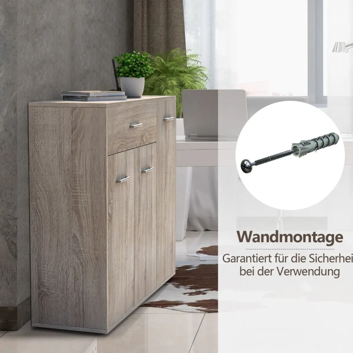Kommode mit Schublade Holzschrank mit Verstellbaren Einlegeböden 90 x 29 x 82 cm Natur