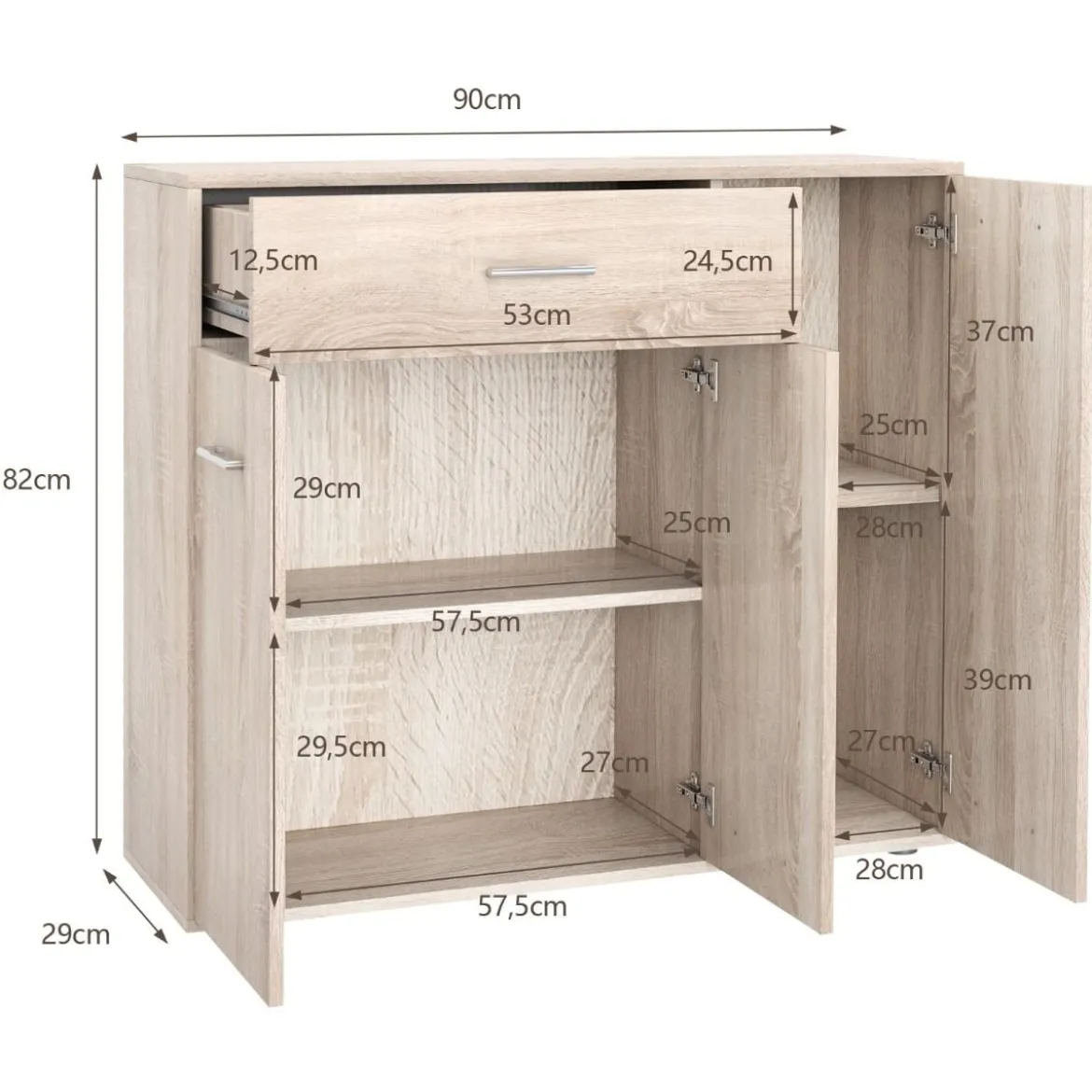 Kommode mit Schublade Holzschrank mit Verstellbaren Einlegeböden 90 x 29 x 82 cm Natur