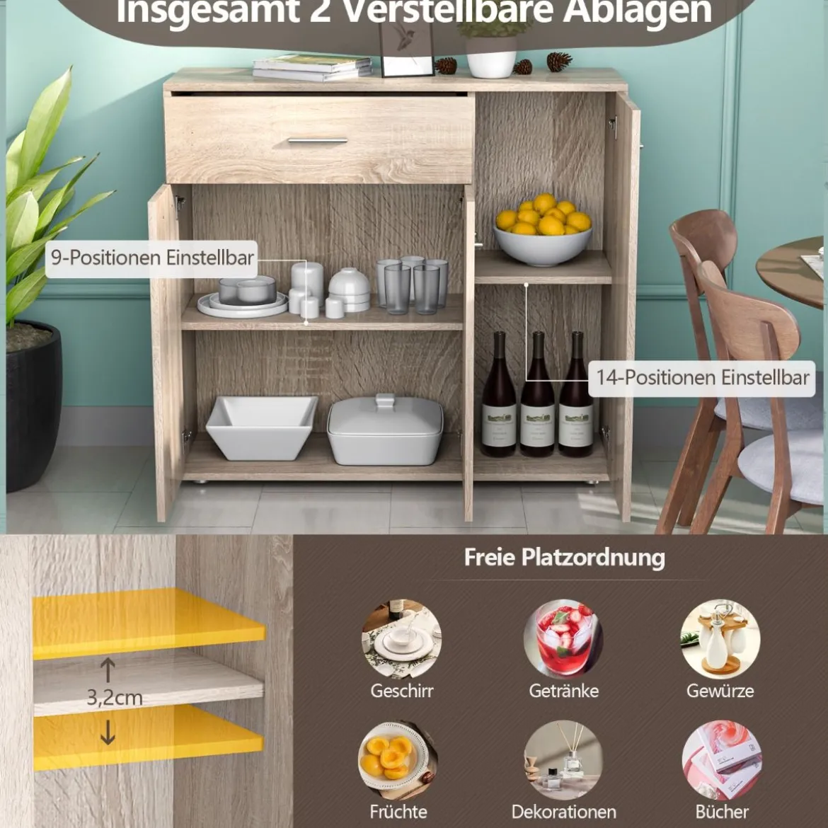 Kommode mit Schublade Holzschrank mit Verstellbaren Einlegeböden 90 x 29 x 82 cm Natur