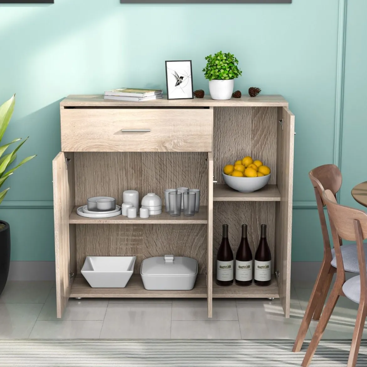 Kommode mit Schublade Holzschrank mit Verstellbaren Einlegeböden 90 x 29 x 82 cm Natur