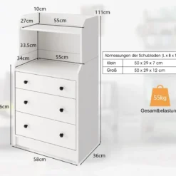 Kommode mit 3 Schubladen & Ablageflächen & Kippschutz Schubladenschrank Weiß