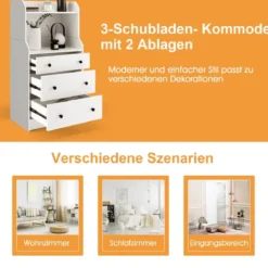 Kommode mit 3 Schubladen & Ablageflächen & Kippschutz Schubladenschrank Weiß