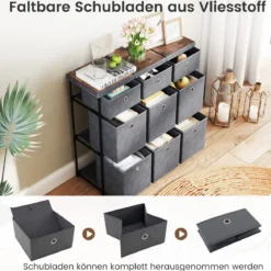 Kommode mit Schubladen Aufbewahrungstisch mit Metallrahmen und klappbaren Stoffbehältern 87 x 29 x 84 cm Grau