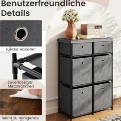 Kommode mit Schubladen Aufbewahrungstisch mit Metallrahmen und klappbaren Stoffbehältern Grau