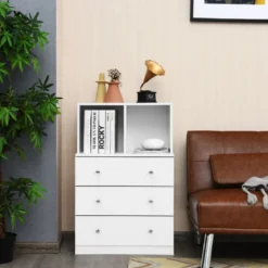 Kommode mit 3 Schubladen & 2 Fächern Sideboard aus Holz mit Kippsicherung 60 x 40 x 94 cm Weiß